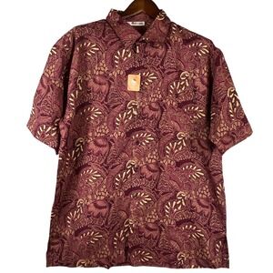 Keris Fashion Mens XL Batik Wax Print Camp Shirt Burgundy Gold Cotton NWT Resort